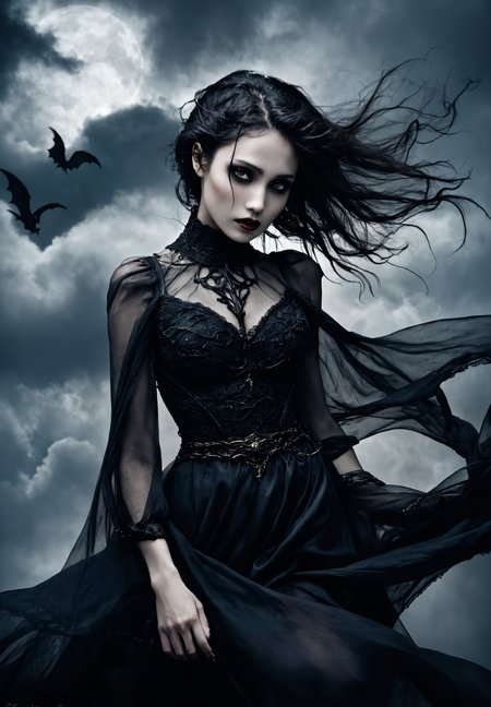 Gothic art, dark tones, intricate details, dramatic lighting, high contrast, medieval influence, mysterious, curvy, narrow waist, wide hips,   atmospheric, moody, haunting beauty, sharp shadows, textured, ethereal woman floating in the clouds, with her mouth slightly open, evil smile,  revealing her vampiric nature, and her sharp fang,  bright eyes, hand in own hair,  fog,  bare tree,  expressive face, flowing dress, dynamic pose
 SelestXL3