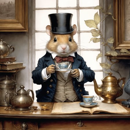 <lora:add-detail-xl:1.8> art by (jean-baptiste monge:1.8), dapper hamster with suit and top hat holding a cup of tea, victorian era, colored pencil drawing, masterpiece, best quality