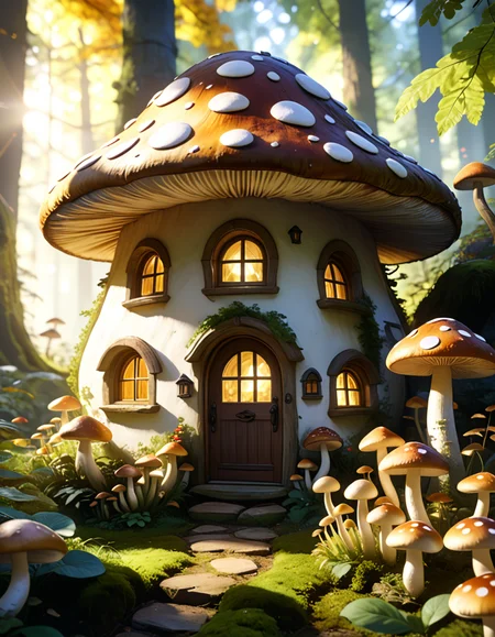 fantasy cottage shaped like a giant mushroom pony