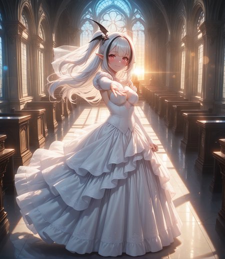 masterpiece, best quality, anime,  BREAK 1girl, solo,  full body,looking at viewer,  sunrise,light smile,happy tears,  reaching towards viewer,blue light,
european architecture, church,altar,floating hair, indoors,  ,wedding dress, wedding ring, bridal gauntlets, bridal veil, layered dress, <lora:RealisticAnimeIXL:0.5> bokeh, luminescent background, <lora:Dramatic Lighting Slider:5>  <lora:AL-Sevastopol-ILXL-V1:0.8> svtplbase,red eyes,streaked hair, white hair, long hair, one side up, hair ornament, pointy ears, bat hair ornament,slender,medium breasts,