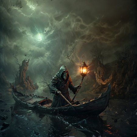 Gloomy Charon with an oar sails in a boat through the dark river Styx, long robe, hood, night, a lantern on Charon's oar lights the way, gloomy bloody highlights, rocky dark shores, stormy sky, gloomy horror, streaks of light, surreal, dreamy, ghosting effect, octane render, cinema 4d, ultra detailed, masterpiece, concept art, trending on artstation, high detail, dramatic, GLOWNEON, GLOWING, SPARKS
 <lora:xl_more_art-full_v1:1>
 <lora:glowneon_xl_v1:0.4>