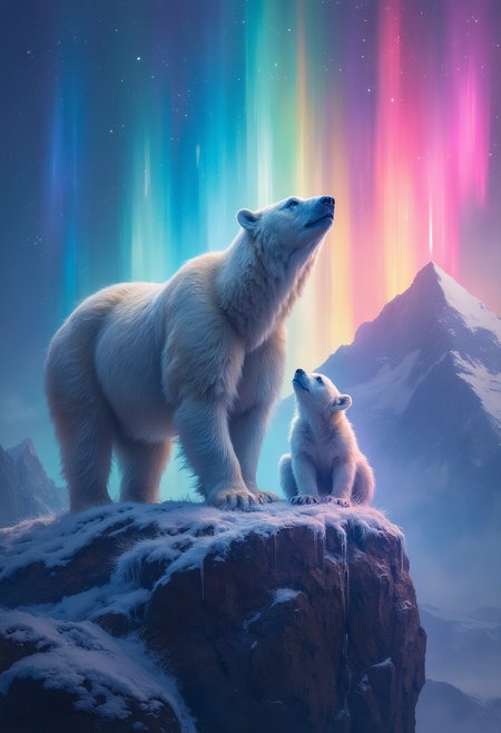 A closeup of a majestic Polar bear and it's cub standing on top of a snowy cliff looking up at the the rainbow aurora in the sky, the polar bear and the cub are rim lit by colorful glows, a great majestic mountain in the background, epic, dramatic, cinematic, surreal, Vibrant Glow