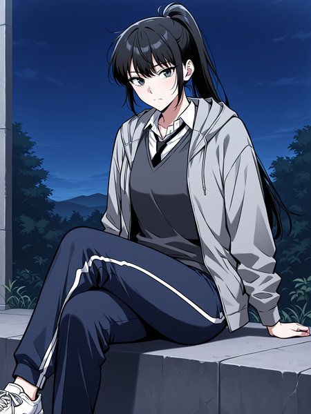 <lora:Omniscient_Readers_Viewpoint__Lee_Jihye:1>
1girl, solo, long hair, black hair, tied hair, high ponytail, black eyes, messy bangs, 
gray hoodie, school uniform, white shirt, black tie, dark gray sweater vest, navy blue track pants, white stripe pants, white sneakers, casual and uniform mix, layered clothing,
(Anime_source),Masterpiece,(perfect female body:1.2), small waist,(incredibly detailed:1.4), slim, looking at viewer, sitting, crossed legs, night