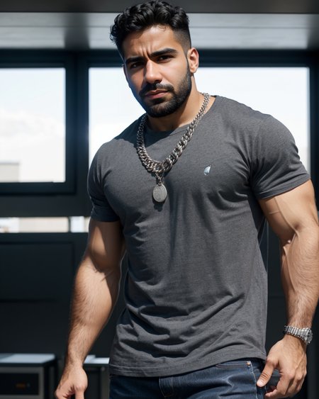 man, noorGNRC, steel lift, serious expression, baggy jeans, loose tshirt, chain necklace, stadium