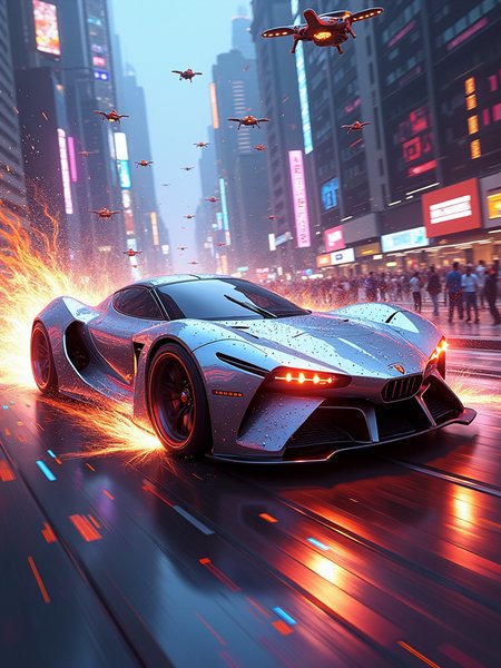 The painting is rendered in an exaggerated, hyper-stylized sci-fi style. The brushstrokes are bold and dynamic, creating a sense of speed and energy. The colors are a vivid explosion of neon and metallic hues, with a constant play of light and shadow. The texture is a combination of smooth surfaces and sharp edges, giving a sense of high-tech and futuristic design.
Scene Description: In the center of a chaotic urban landscape, a sleek and powerful sports car blazes a trail of light. The car is a work of art, with a streamlined body that seems to be made of liquid metal. Its surface is covered in thousands of tiny reflective panels that catch and refract the light in a dazzling display. The car's tires are massive, with glowing treads that leave trails of fire as it speeds through the city. The background is a cityscape of towering skyscrapers and neon signs, all bathed in a kaleidoscope of colors. Flying vehicles and drones buzz around the car, adding to the chaos and excitement.
Composition: The sports car is the focal point of the painting, positioned diagonally across the canvas to create a sense of movement. The cityscape and flying objects frame the car, leading the eye around the scene. The composition is asymmetric and full of energy, with no clear center but a constant flow of action.
Color Palette: The colors are a vivid mix of electric blues, purples, pinks, and golds. The car is a combination of metallic silver and neon accents, while the cityscape is a riot of colors. The light reflected by the car's panels creates a rainbow of hues that add to the visual impact.
Light and Shadow: A harsh, bright light shines on the car from multiple angles, creating deep shadows and highlighting the reflective surfaces. The cityscape is bathed in a soft glow of neon lights and holographic projections, creating a contrast between the bright and the dark. The light and shadow add drama and intensity to the scene.
Detail: Every aspect of the painting is filled with intricate details. The car's body is covered in tiny mechanical parts and symbols, while the reflective panels are highly detailed and show a distorted view of the surrounding city. The cityscape is filled with small details such as people, signs, and flying objects, all adding to the sense of chaos and excitement.