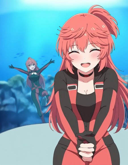 masterpiece, best quality, newest, absurdres, highres, safe,, <lora:aoi-hidaka-s1-illustriousxl-lora-nochekaiser:1>, aoi hidaka, long hair, pink hair, red hair, red eyes, ponytail, short ponytail,, bodysuit, black bodysuit, red bodysuit, cleavage,, pool, water, lifeguard, swim lane, float, smile, sakana~ (meme), meme, aquarium, standing on one leg, palms together, fish tank, own hands together, standing, outstretched arms, closed eyes, blush, open mouth, looking at viewer, solo,, cowboy shot