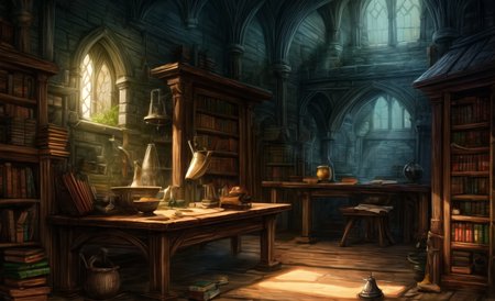medieval, interior, medieval interior, wooden interior, table, chair, big black cauldron, shelves, books, scrolls, window covered with thin see-through animal hides, (jars filled with mysterious ingredients for brewing potions with:0.4), herbs, a small pestle and mortar, 
HD, very detailed, ambient lighting,
<lora:more_details:1> <lora:Bloodborne:0.25> ,   <lora:FantasyInteriors:0.4> fanint <lora:FantasyStudy:0.4> fanstu