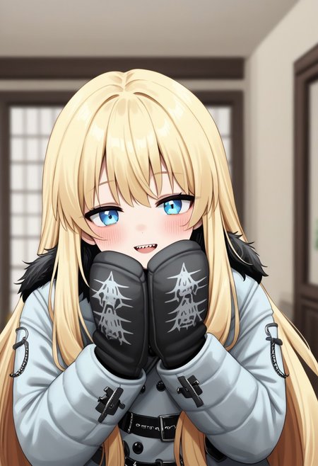 lobsteranian, goth,
digital illustration, charact portrait, depth of field, pastel coloring/(medium/), blonde hair, very long hair, blushing, face focus, buck teeth, looking at viewer, ushanka, mittens, winter coat
