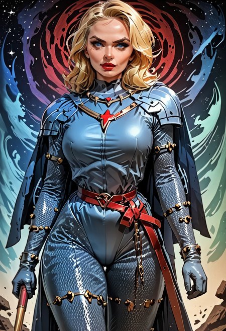 starry_morph, MILF, 32 years old, blonde hair, black leather vampire cape, sloppy wavy hair, sexy red boots, revealing outfit, red lips, mascara, eyelashes, hourglass figure, strong, big blue eyes, seductive, mature female, m1lfm3t3r, anezaki mamori, masterpiece, highest quality, realistic skin texture:1.5, high, tear shaped boobs, drow ranger, drow ranger \(dota2\), Masterpiece, 32k, photorealistic:1.4, score_9, score_8_up, score_7_up, huge boobs, small waist, wide hips, high cheekbones, oval face, slim waist, wide hips, thick thighs, full hips, DARK SIDE \(PICTURE BOOK\), NO FACE, colorful background, vivid colors, volumetric light, cinematic light, extremely detailed, bgbrda, top, bodysuit, helmet, armlet, bracelet, gloves, chainmail, skirt, boots, holding weapon, holding rod, wass.