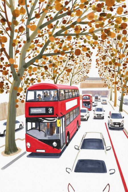 watercolor illustration.  
A bustling city street scene. The artwork features a vibrant, urban environment with a focus on a busy road filled with various vehicles. In the foreground, a red double-decker bus dominates the scene, its distinctive shape and color standing out against the muted background. The bus is partially obscured by a tree with leaves painted in warm autumn colors. <lora:minink1_cap_d6a3e12:1.0><lora:825123016674500180:0>