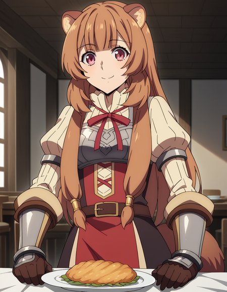 score_9, score_8_up, score_7_up, source_anime, <lora:raphtalia-s3-ponyxl-lora-nochekaiser:1>, raphtalia, long hair, bangs, brown hair, animal ears, raccoon ears, raccoon tail, raccoon girl, pink eyes, medium breasts,, long sleeves, sweater, ribbed sweater, puffy sleeves, breastplate, ribbon, red ribbon, gauntlets, glove, brown gloves, belt, skirt, armor,, dining room, table, chairs, dishes, cutlery, smile, smile, looking at viewer, solo,, dutch angle, cowboy shot