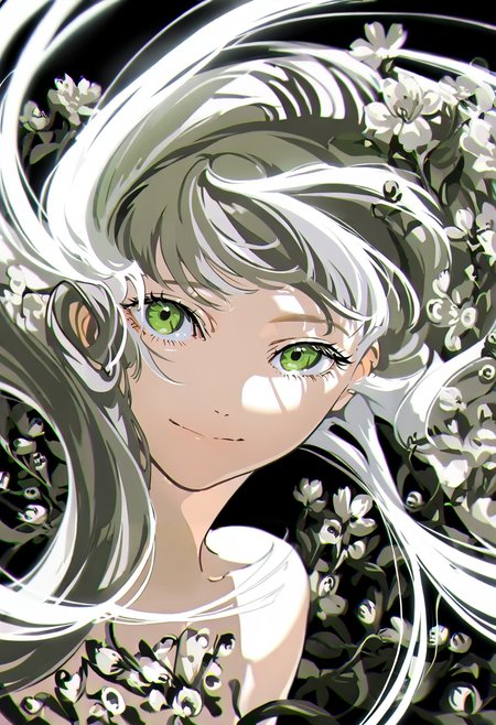 1girl, solo, green eyes, long hair, looking at viewer, floating hair, black background, flower, closed mouth, portrait, bangs, smile, bare shoulders, white hair, grey hair, eyelashes <lora:yoneyamaiXL_NBVP1_lokr_V6311P:0.95>