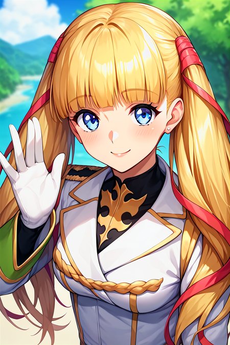 score_9, score_8_up, score_7_up, score_6_up, score_5_up, score_4_up, rating_questionable, , source_anime, digital illustration, pixiv, fanbox, uncensored, , BREAK, official art,
1girl, solo,mature female, monica kruszewski, blonde hair, blue eyes, hair ribbon, medium breasts, twintails, ribbon,
military uniform, leotard, highleg leotard, white gloves, waving, outdoors, upper body, light smile, blush, cowboy shot, looking at viewer,   <lora:Monica_Kruszewski_Pony-000009:0.9>