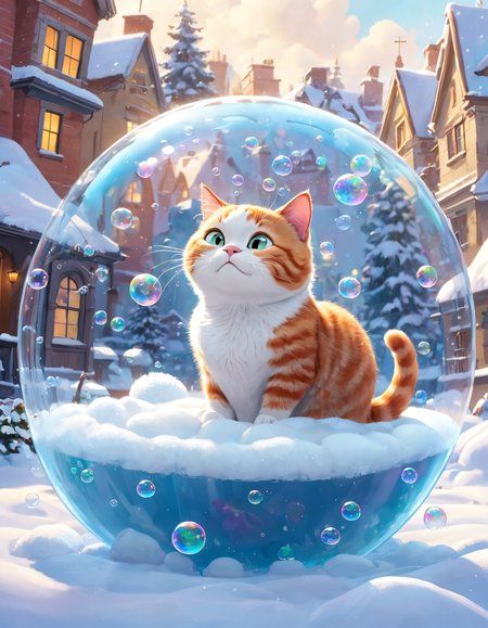 pixar style,  lots of bubble floating, a cat resting inside the bubble, snow fall