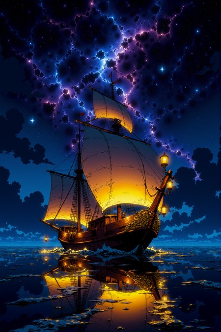<lora:DGLO_style_v.7:0.75> DGLO style. A majestic wooden ship with ornate golden carvings glides silently over a tranquil ocean illuminated by a trail of glowing starlight on the water's surface. The sails are lit from within by a warm, golden glow emanating from lanterns hanging at the bow and stern. Above, the night sky is a dazzling display of celestial wonder, with a crescent moon hanging low amidst a swirling galaxy of vibrant colorsârich blues, purples, and fiery orange nebulae blending seamlessly. The ocean reflects the stars, creating a surreal mirror-like effect. The scene feels dreamlike, as if the ship is journeying through a cosmic realm. Perspective: slightly angled from the waterline, capturing both the ship's grandeur and the infinite sky.