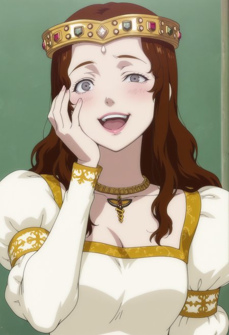 anime screencap, anime coloring,  <lora:DX888Charlotte:1> charlotte, grey eyes, brown hair, lips,hair down, long hair, princess, crown,  necklace, puffy sleeves, long dress, BREAK simple background, green  background, BREAK   1girl, blush, breasts, constricted pupils, crazy eyes, crazy smile, half-closed eye, hand on own face, hand up, looking at viewer, open mouth, solo, tongue, upper body, upper teeth only,