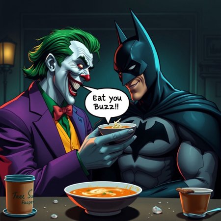 Hyper realistic comedy scene where the Joker tries to feed Batman some soup, the said in a speech balloon: ’Eat you Buzz Batman’, but batman refused with extremely disgusting expression and turning his face away