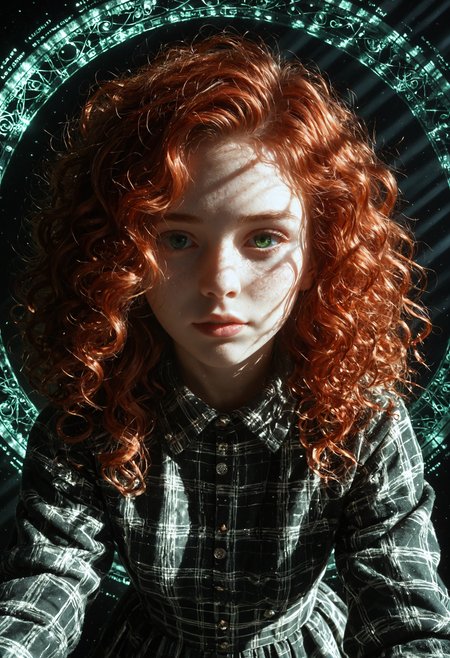 score_9, score_8_up, score_7_up, Expressiveh, EYESHD, dutch angle, 1girl, young woman, redhead, messy and curly hair, dreamboat face, green eyes, textured skin, wool high-low skirt, black background, textured background, glowing circle on background, Expressiveh, EYESHD, dutch angle, 1girl, young woman, redhead, messy and curly hair, dreamboat face, green eyes, textured skin, wool high-low skirt, black background, textured background, glowing circle on background, full coherent, symmetry, dramatic light, focused, extremely detailed, elegant, intricate, highly saturated colors