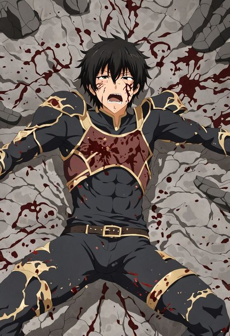 high resolution, solo, best quality, 1Boy, Kanie Seiya, Black Hair, fell down, revenged, conquered, dying, battered, bruised, OverallDetail