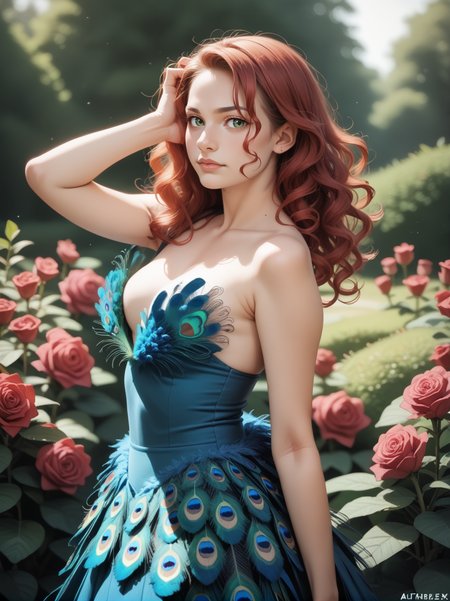 score_9, score_8_up, score_7_up, score_6_up, score_5_up, score_4_up, realistic, photograph,
1girl wearing a (peacock feather) dress, <lora:peacock_feather_dress-PD-1.0:1>
red hair, wavy hair, green eyes,
medium breasts,
rose garden, hand in hair, pose, feathers, come hither
