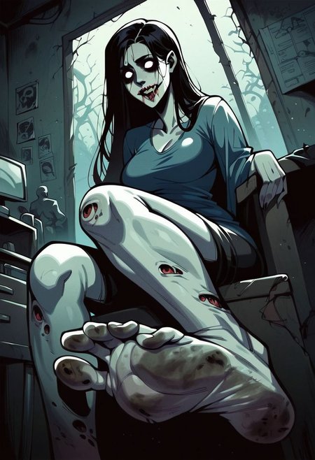 score_9, score_8_up, score_7_up, score_6_up, score_5_up, score_4_up,source_anime, 2d anime, zombie, zombie woman, zombie slut, sexy zombie, motion, erotic, porn, horror, dead eyes, interior, morgue, stretcher, fluorescent light, sitting, showing feet, perfect feet, perfect soles, dirty feet