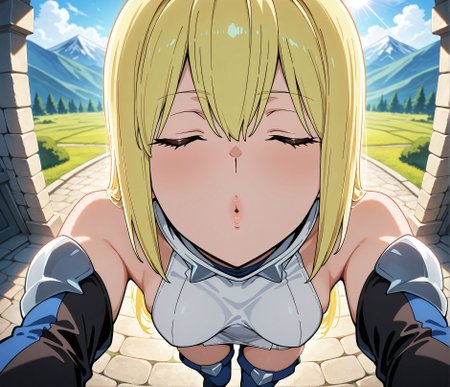 masterpiece,best quality,amazing quality,very aesthetic,absurdres,newest, huge filesize,
<lora:spo_sdxl_10ep_4k-data_lora_webui:0.5>,
<lora:add-detail-xl:1>
1girl, solo,
blurry background, foreshortening, reaching towards viewer, incoming kiss, puckered lips, closed eyes, face focus,
closed eyes, 
<lora:DANMACHI_V2:0.8>
danmachiV2, 
high place, low stone wall,
Fortified walkway with battlements,
Wide stone-paved pathway,outdoors,sunlight, 
Mountain background,
BREAK
bare shoulders,   aiz wallenstein(danmachi), 
expressionless, 
blonde hair,
long hair,
thighhighs,
yellow eyes,
boots,blue thigh boots female,
dress,zettai ryouiki
d_ais,
