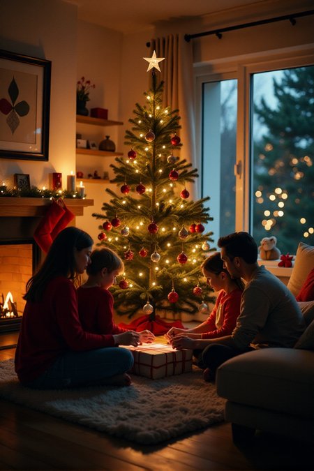 Cinematic style,  <lora:Sinfully_Stylish_.02_for_FLUX:1> A cozy living room, a Christmas tree decorated with ornaments, a family gathered around, opening presentsâââ