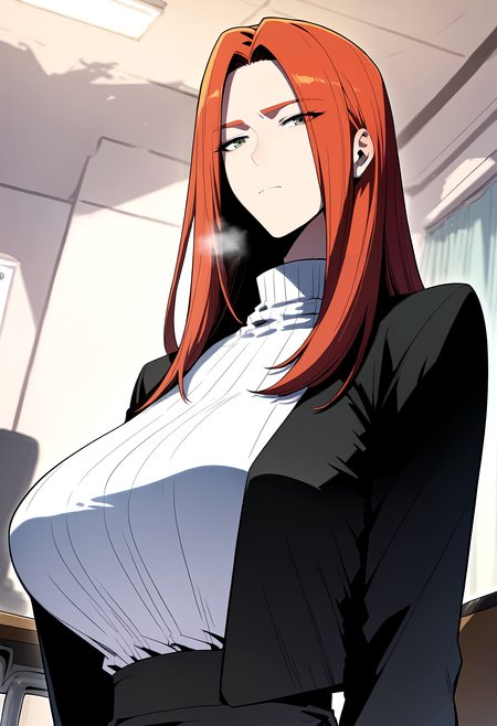 score_9, score_8_up, score_7_up, score_6_up, source_anime, rating_explicit, <lora:neg4all_bdsqlsz_V3.5:2.0>1girl, (solo:1.2), huge breasts,<lora:mariaponyxl:1> long hair, red hair, green eyes, black jacket, turtleneck, white sweater, black skirt, pencil skirt, expressionless, Narrow shoulders, heavy breathing, steaming body, office room, indoors, looking at viewer