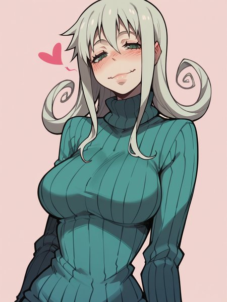 score_9, score_8_up, score_7_up, score_6_up, score_5_up,  <lora:SoulEaterXLP:1> soul eater, 1girl, solo, heart, curvy, sweater, long hair,