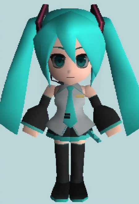 masterpiece, best quality, solo, 1girl, looking at viewer,  <lora:FF7-Chibi-illus_Fp:1>, full body, simple background, 3d, chibi, hatsune miku,