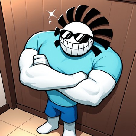2d, solo, male, Twinsomniaboy, 1boy, broad shoulders, thick arms, white body, white skin, circular eyes, white eyes, no sclera, cyan shirt, blue shorts, barefoot, black hair strands, teeth, toony style, 

BREAK from above, leaning against wall, standing, sparkles, indoors, arms crossed, smiling 

BREAK best quality, amazing quality, very aesthetic, absurdres, newest, masterpiece, high quality