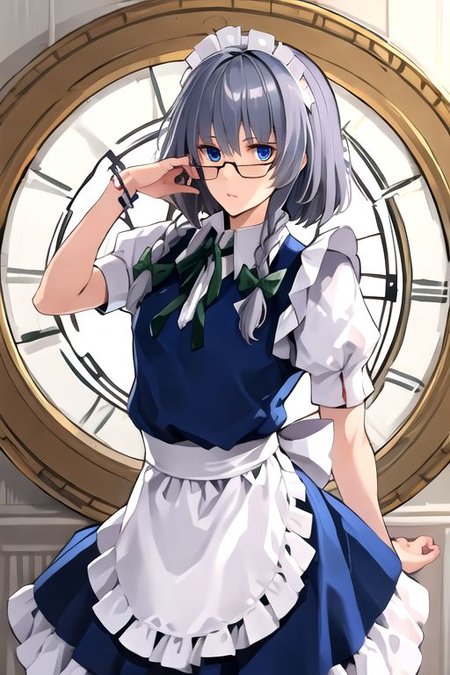 solo, 1girl, solo_focus, (((masterpiece))), ((best quality)), ((ultra-detailed)), high resolution, absurdres, highres, ultra-detailed 8k unity wallpaper, 
((glasses, bespectacled, )):2, 
izayoi sakuya, 
1girl,blue eyes, maid headdress, braid, grey hair, maid, twin braids, short hair, wrist cuffs, bow, hair bow, short sleeves, ribbon, apron,