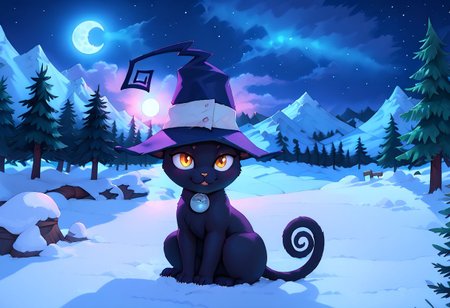 score_10 , score_9_up, score_8_up, score_7_up , score_6_up, vibrant colors, shiny_skin , prefect lighting, detailed image, snoozing , BREAK, 
((Landscapes)) , scenery forest , snow , nature , night , moon , realistic , rivulet , mountain , moonlight flower, giant glowing tree hut , glowing tree ,BREAK, 
feral , Cblair , cat , witch hat , sitting ,