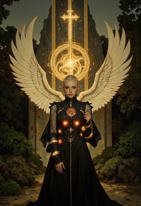 A midshot of a regal woman with a shaved, clean head and pale porcelain skin, her face adorned with angular gothic makeup, including sharp eyeliner and deep crimson lips. She exudes an aura of commanding grace, wearing a sleek black turtleneck dress with netted mesh sleeves that shimmer subtly in the light. Glowing red rings orbit her waist, pulsating faintly like halos of forbidden energy. Her magnificent wings, crafted from thousands of rectangular paper strips, are layered and articulated with the precision of origami, extending outward in vast, symmetrical arcs. The strips shift and ripple as though alive, their edges glowing faintly, creating the impression of ethereal yet lethal power. Her presence is enigmatic, exuding elegance and quiet strength. Behind her stands the grand entrance to a pilgrimage site, an ornate gateway framed by dense green bushes. Rays of golden light pierce through, creating dramatic highlights and enhancing the surreal, divine atmosphere.