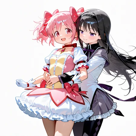 masterpiece, best quality, absurdres, highres, newest, general,
2girls, mahou shoujo madoka magica, 
kaname madoka, pink hair, short twintalils, small breasts, smile, open mouth, blush, magical girl, pink dress, puffy short sleeves, frilled skirt, 
akemi homura, black hair, long hair, small breasts, smile, blush, magical girl, long sleeves, frilled skirt, pleated skirt, hug from behind, 
simple background, 
<lora:nyalia:0.15>, <lora:dj_sloppa_ill_v2:0.3>,