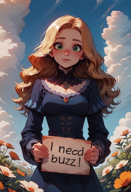 ((score_9)), (score_8_up), score_7_up, close-up, solo,  Expressiveh, 1girl,
wavy hair,
long hair,
blonde hairy,
green eyes,
smile,
embarassed,
medium breasts,
blue dress,
garden background,
swallows,
clouds,
blue sky,
flowery meadow,
golden hour,
need_buzz, holding sign,
colorfull,
