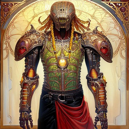 Bionic man, 1boy, looking at looking at viewer, Heavy  braids, yellow eyes || helmet, o-ring top, red sarong, black shorts, shoulder armor, monster man, 1boy, monster man, gradient, colored skin, solo, covered eyes,, ultra detailed, masterpiece, best quality, aesthetic, detailed,
ArsMJStyle, Art Nouveau