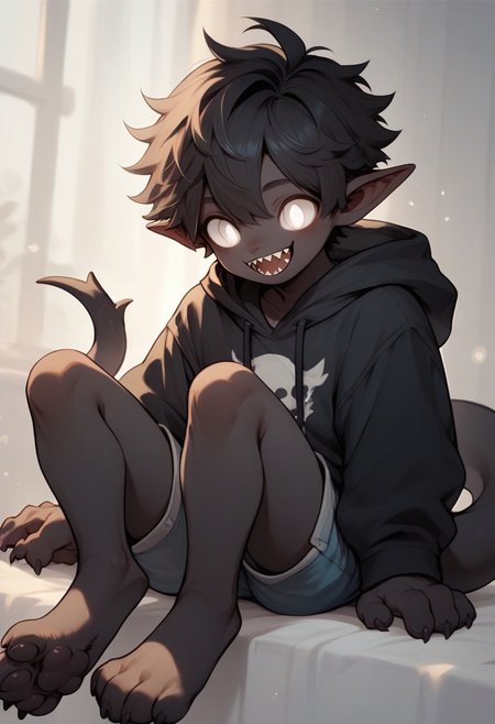 score_9, score_8_up, score_7_up, black skin, fluffy black hair,  round white eyes, sharp teeth,black hoodie, shorts, pointy tail, pointy ears, boy, cute, solo, paws, sitting, ! mark, happy