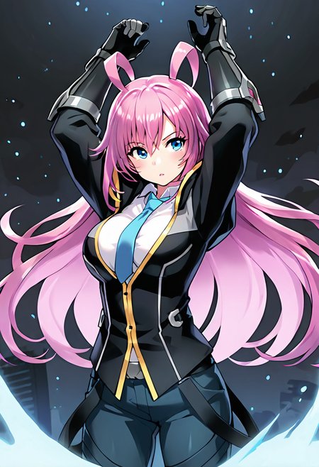 <lora:jinsepatus_IXL:0.7><lora:LupanV3IXL-10:0.5> 1girl,lupan,shock-pink hair ,white shirt,blue necktie, jinclassicoutfit,black jacket,blue pants,hood,arms up
,gauntlets,
,best quality,masterpiece