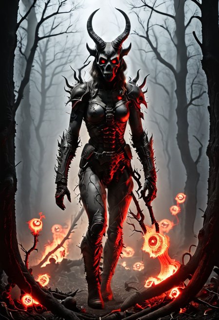 silhouette style, cinematic film still of the silhouette of an disembodied of a female demon,head, multiple eyes, horrific, with a megaphone instead of his head sitting on a branch at night, with glowing eyes, very detailed, haze lighting, backlit, 4k uhd masterpiece, blackmetal style, xerox, black and white, BadDream, UnrealisticDream, Doomguy, soviet poster, femalebonedemon