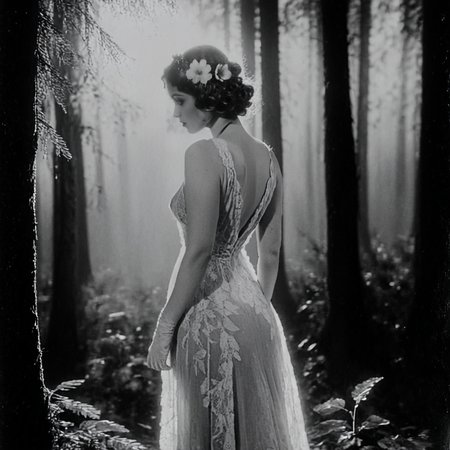 <lora:20s_Silent_MovieSDXL:1> ArsMovieStill, 20s Silent Movie Still, Black and White, The image is a black and white photograph of a woman standing in a forest. She is wearing a long flowing dress with a deep V-neckline and a lace overlay. The dress is long and flowy reaching her knees. The woman is standing in the center of the image with her back to the camera facing away from the camera. She has her hair styled in an updo with a flower in her hair. The background is filled with tall trees and foliage and the sunlight is shining through the trees creating a dappled effect on the woman's face. The overall mood of the photograph is mysterious and ethereal., 1girl, greyscale, monochrome, solo, dress, nature, forest, breasts, gloves, elbow gloves