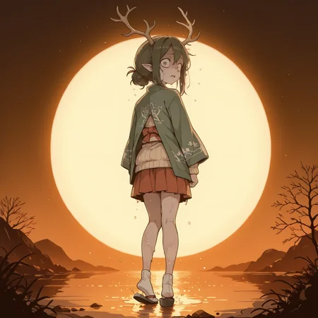 masterpiece,best quality,amazing quality, (mature, adult, solo:1.2), 
 Chiaroscuro Lighting, front light,  Volumetric Lighting, light depth, dramatic atmospheric lighting,,   sunrise,     
1girl,       brown, brunette, large eyes, dark green eyes, scared,      tall,    feet, wet, pale skin, marble skin,   pointy ears,
light white clothes,     kimono, kimono on shoulders, open kimono, mismatched footwear,  antlers, large antlers,  
wool  sweater,   skirt,
 from behind, looking back, cinematic view, ,    
        celestial shrines, 
<lora:DetailedPerfect_hands_r1:1> <lora:feet_anime_il_v3:1> <lora:Add_Details_v1.2:1>  <lora:anime_screencap:0.4>  <lora:S4bit4mago:0.8> S4bit4mago_illu,  <lora:LineArt Mono Style LoRA_Pony XL v6:0.6>  <lora:Amberline1.0:0.6> cel-shading, illustration <lora:Beatrix_Potter_Style_illustrious:0.8> Bpstyle  <lora:flat_color_anime_xl:0.3> fca style <lora:Granblue Fantasy XLV2:0.4> <lora:Orenji-IL:0.6> orenji <lora:mesugaki_Illust_v1:0.3> mesugaki <lora:1r1d3sc3nc3XLP:0.3> 1r1d3sc3nc3
