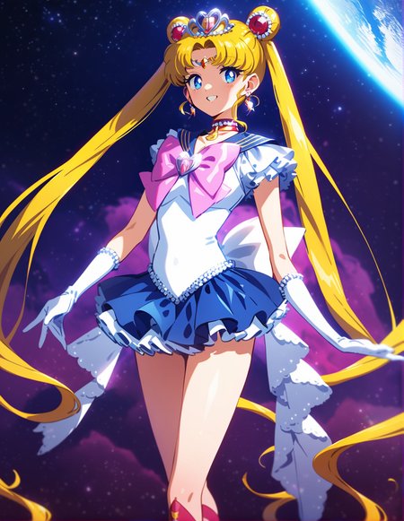 1girl, solo, <lora:sdxl-lyco-princess-sailormoon-animagine_xl_3_1-prodigy-v2-1-1-000020:1:lbw=0,0,0,0,0,0,0,0,1,1,0,0,0,0,1,1,1,0,0,0,0,0,0,0,0,0>, princesssailormoon, double bun, twintails, circlet, earrings, frill, choker, tiara, bow, white leotard,gloves, miniskirt, standing  ,smile, best quality, very aesthetic, ultra-detailed, intricate details, 4k,, newest, (retro:-1.0) ,(1990s:-1.0), BREAK  on a starship