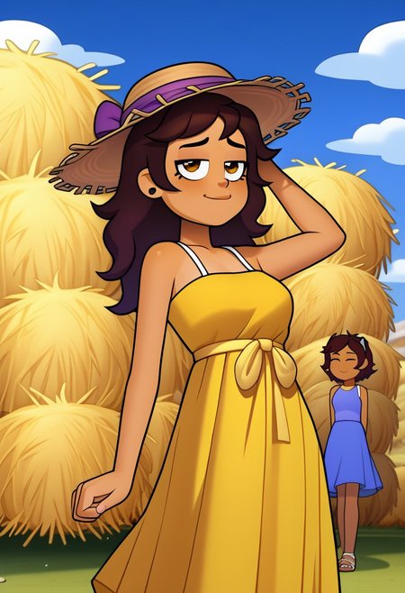 deadinsidestyle, chl, A girl dancing joyfully in a field of wildflowers, wearing a bright yellow summer dress with a wide-brimmed straw hat. The background showcases a clear blue sky with fluffy white clouds and a distant mountain range.