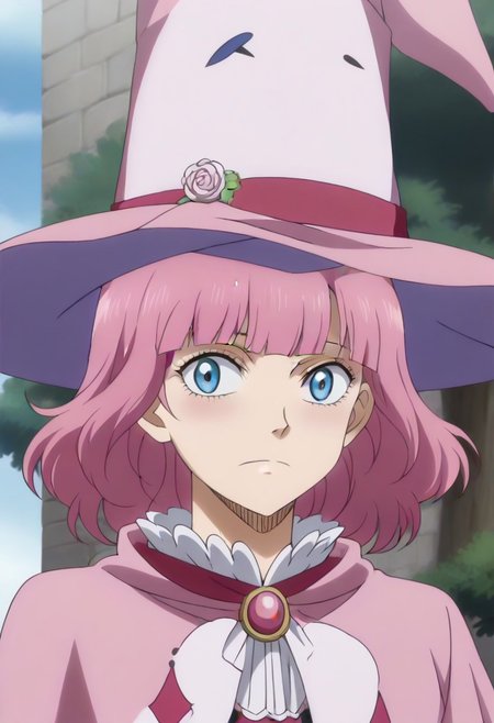 <lora:SlimesDorothy:1>, slimes_dorothyunsworth, pink witch hat, blue eyes with a pink outline, pink hair,,,,,,,,,,,,,,,,,,,,anime coloring, anime screencap, 1girl,Solo ,, anime,,,,official art,Uncensored,Unedited ,,,,,,,,,,,,,,,,,,,,,,,,