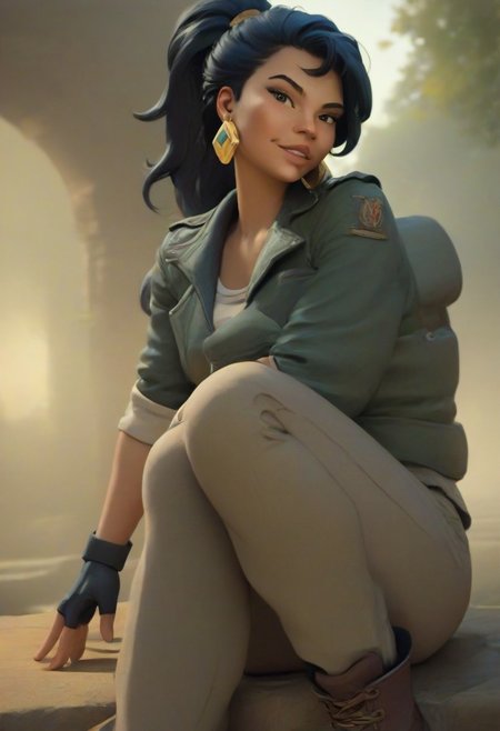(score_9, score_8_up, score_7_up), score_6_up, best quality, masterpiece, extreme detail, perfect lighting, 4k, 2d, rating_explicit, nsfw, very detailed, best quality, highly detailed texture, depth of field, masterpiece, BREAK, 1girl, ChelXLP, chel, majestic,beautiful bright pupils, black hair, ((ponytail)),green earrings, cute face, (gorgeous face:1.3), (skin detail:1.3), (shadows:1.3), large breasts,
(((
hoop earrings, tattered leather jacket with patches, fingerless gloves, cargo pants with utility belts, knee-high combat boots, 
))),
solo,
 fantasy, solo focus,epic, concept art, realistic, highly detailed, looking at viewer, dark skin, looking at the viewer, detailed, intricate details, realistic,((( zoomed out shot))), tan skin,csr style,g4n1m3,Sculpted grace
