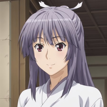 <lora:Slimes_Miya:1>, slimes_miyaasama, woman, hands behind back, smiling, temple background