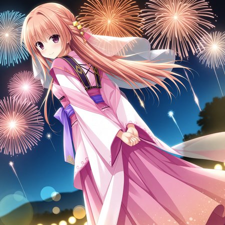 <lora:Hatsuhime_Iroha_1_nai-000043:1>,Hatsuhime Iroha,
hair bell,japanese clothes,long sleeves,purple sash,wide sleeves,pink kimono,pink dress,see-through veil,layered dress,see-through shawl,long dress,
BREAK
1girl,solo,smile,looking at viewer,looking back,from behind,arms behind back,standing,dutch angle,night,aerial fireworks,firework background,standing,depth of field,lens_flare,
