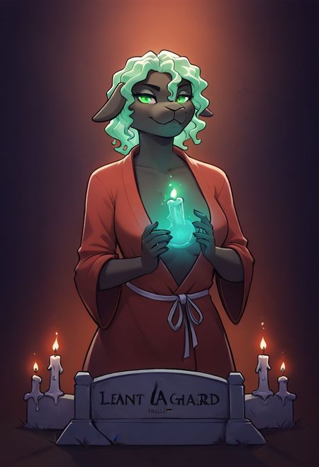 score_9, score_8_up, score_8, 1girl, , smooth, anthro sheep, detailed, perfect, red velvety robe, high quality, high definition, necromancer, glowing green eyes, casting a spell, raising a skeleton from a grave, cemetery, glowing green magic, dark sky, haunted graveyard, candles burning, green glow