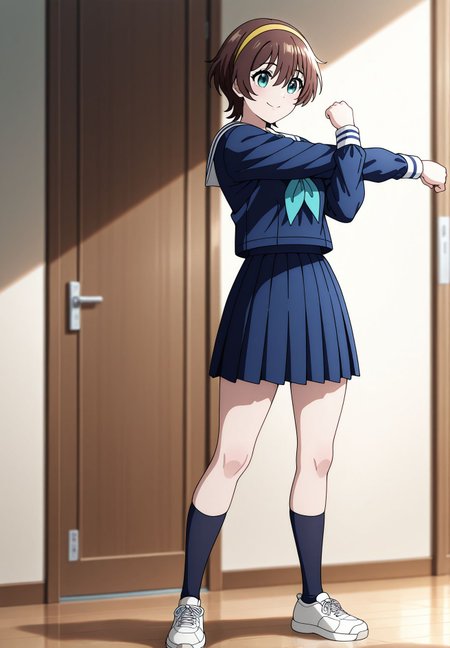 masterpiece,best quality,amazing quality,very aesthetic,absurdres,newest, huge filesize,
<lora:spo_sdxl_10ep_4k-data_lora_webui:0.5>,
<lora:add-detail-xl:1>anime coloring, uncensored, 
<lora:cross-body-stretch-ponyxl-lora-nochekaiser:1> cross-body stretch, stretching, arm across chest, exercising,
BREAK
<lora:tohai_V1:0.8> tohai,
school uniform,
serafuku,short hair,green eyes, 
skirt,brown hair,hairband,
pleated skirt,smile,socks,
neckerchief,shoes,blue skirt,
standing,blue serafuku,t_yui,
BRAKE
